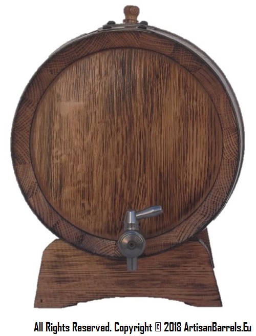 Small wooden barrel, oak cask and wine dispensing keg with metal tap