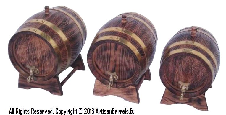 Small oak barrels with brass hoops and taps